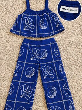 Mango Girls Blue Seashell Print 2 Piece Crop Top & Wide Leg Pants Set Size 5-6